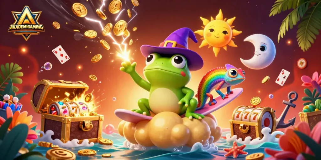 AKADEMIGAMING showcases a 3D cartoon scene with vibrant casino elements, featuring golden coins and magical characters.