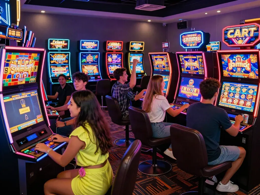 Players enjoying diverse slot games in a vibrant casino atmosphere, showcasing excitement and fun.