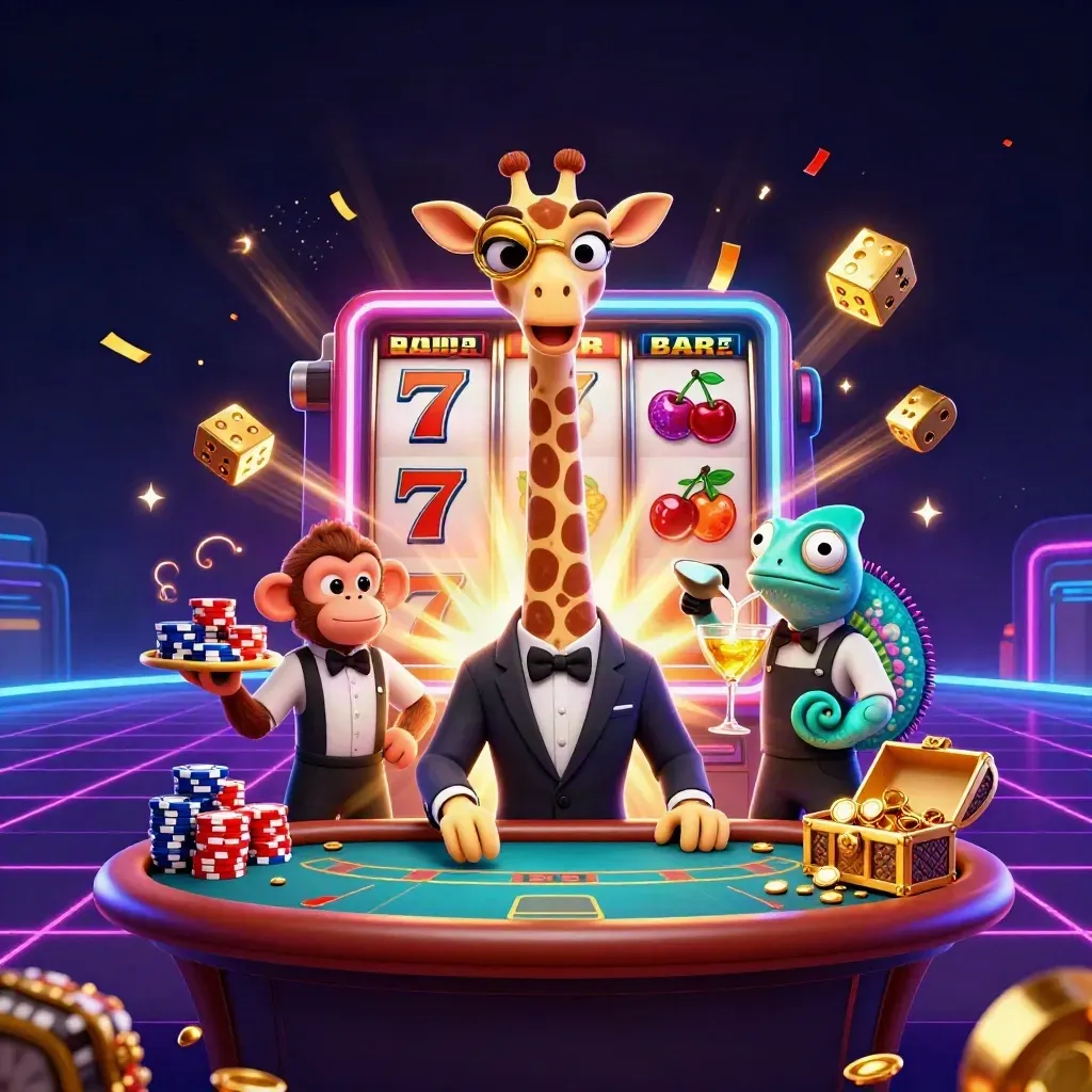 High-roller giraffe, monkey valet, and chameleon bartender amid a jackpot slot burst.