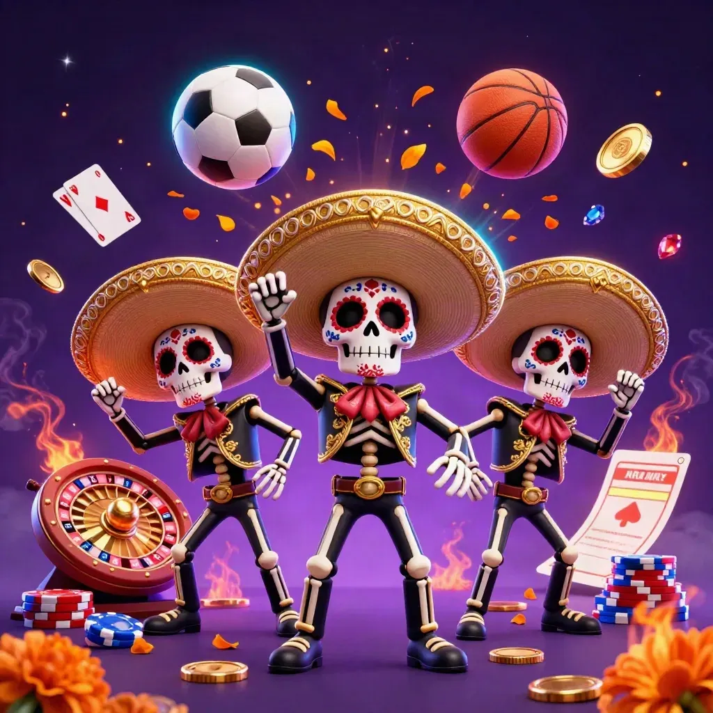 Skeleton mariachi trio amid casino coins, roulette, cards, chips, and flying sports balls.