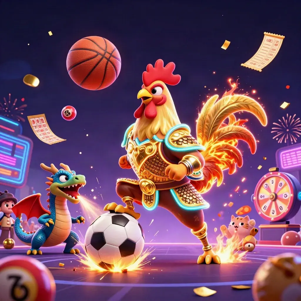 Rooster warrior, dragon hatchling, and lucky cat amid casino sports props, neon grid, fireworks.