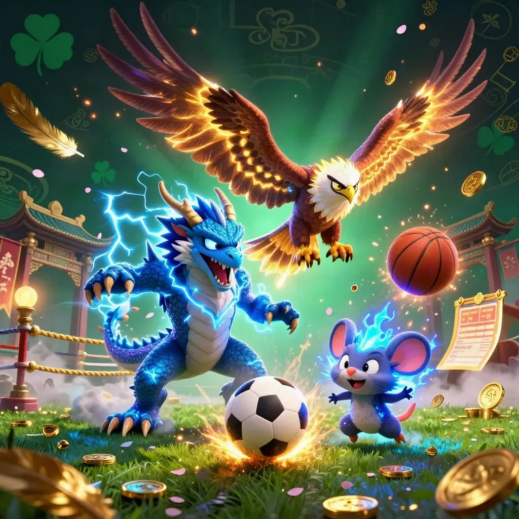 Thunder dragon, hawk, and mouse amid casino glow, soccer ball and basketball in a fantasy arena.