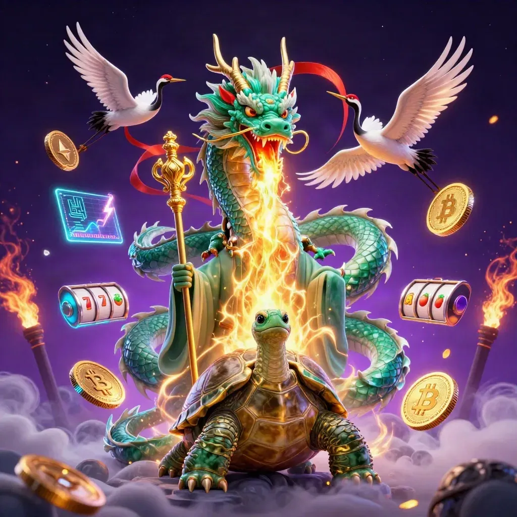 Jade dragon, turtle sage, and cranes amid glowing coins, reels, and cosmic casino energy.