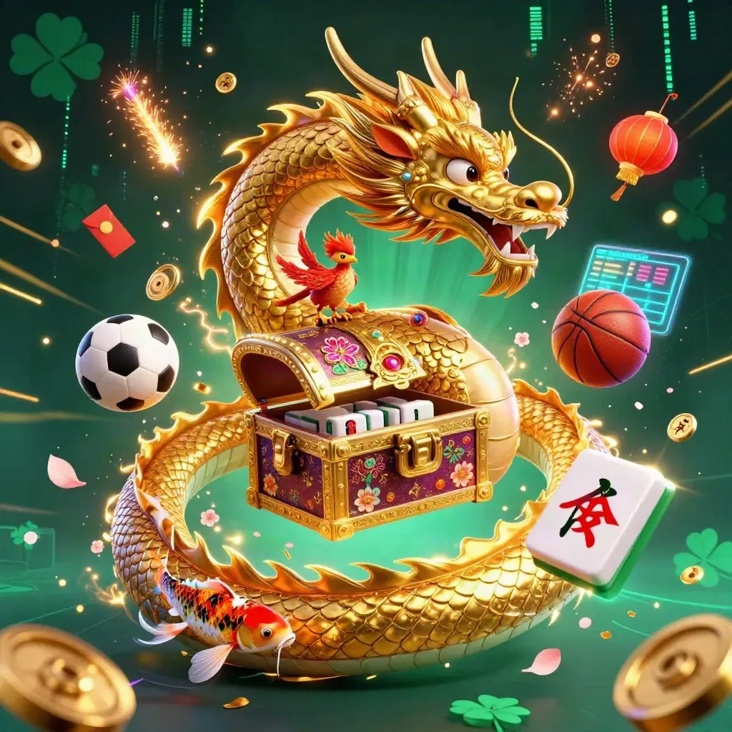 Golden dragon and phoenix amid koi, mahjong tiles, coins, lanterns, and neon casino energy.