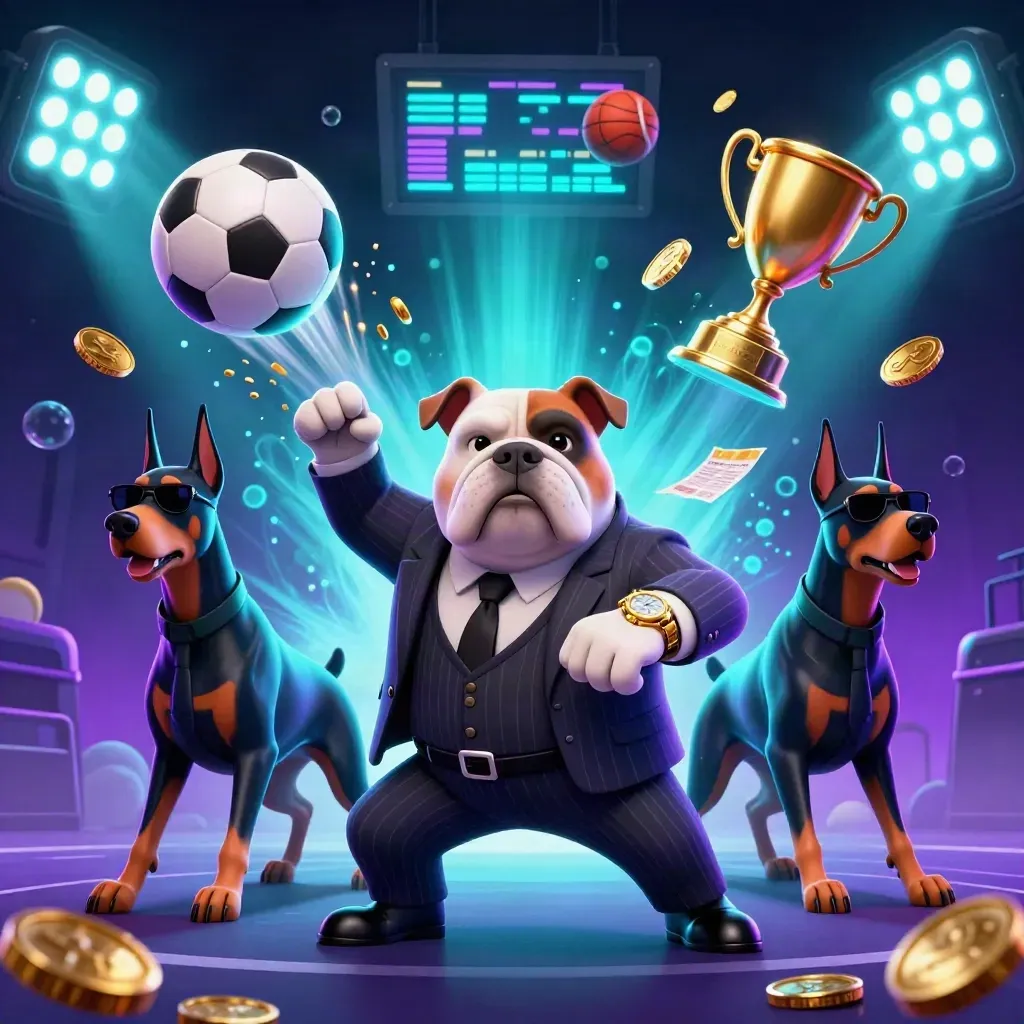 Mobster bulldog with Dobermans, flying sports balls, coins, trophy, neon stadium glow