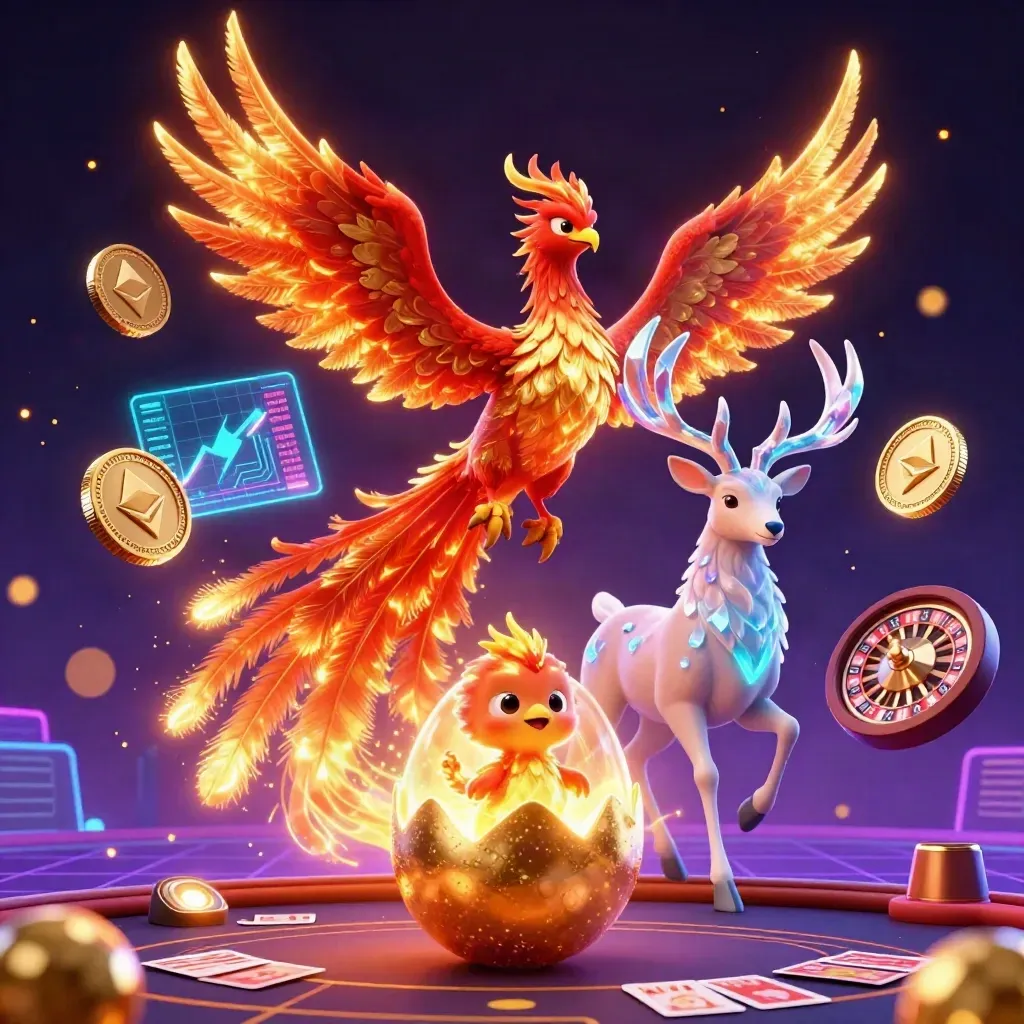 Phoenix, baby phoenix, and crystal stag amid neon crypto casino lights, roulette and cards