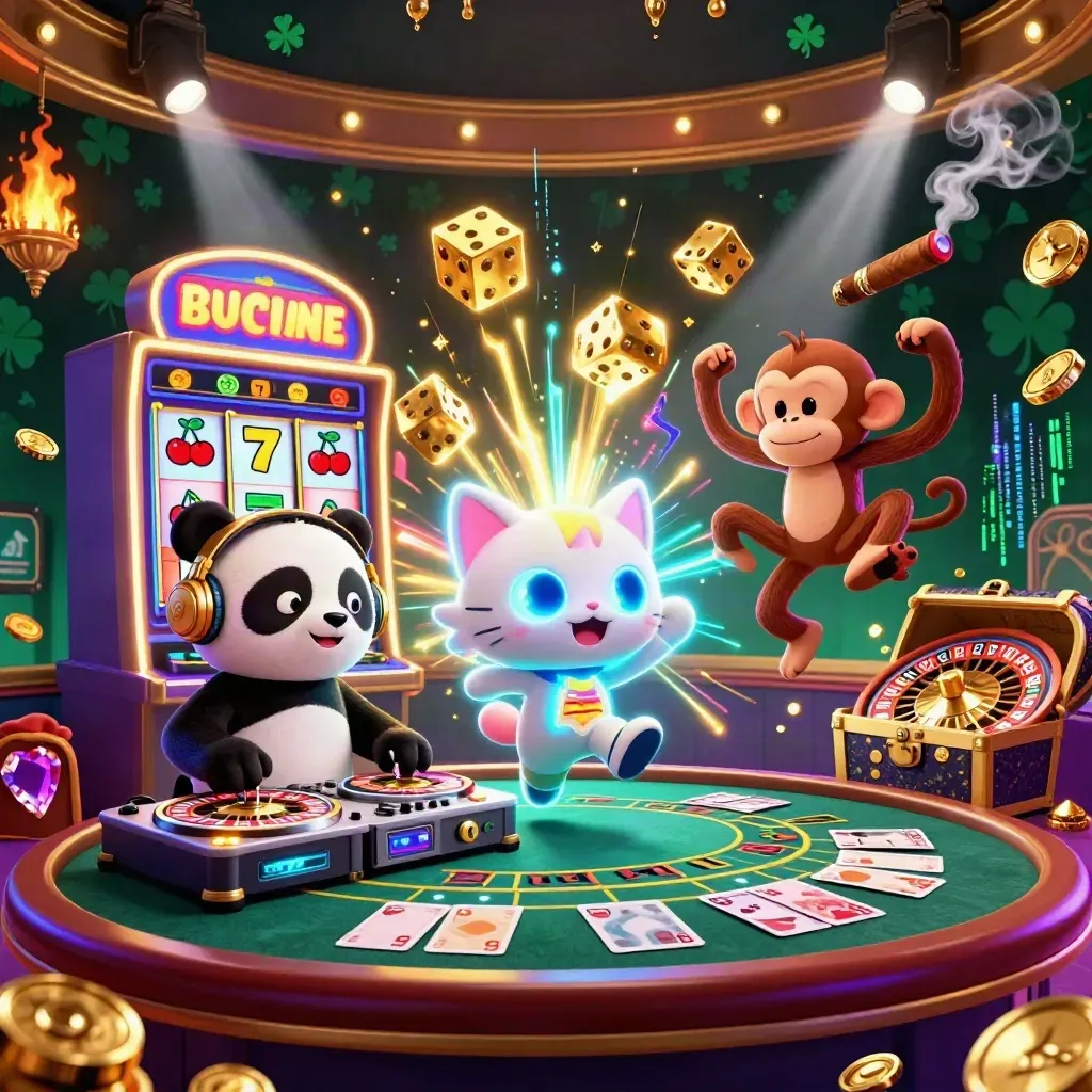 DJ panda, breakdancing monkey, and glow-stick kitten amid neon casino loot and energy