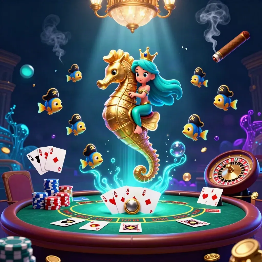 Mermaid princess on armored seahorse amid casino tables, chips, gems and neon underwater glow.