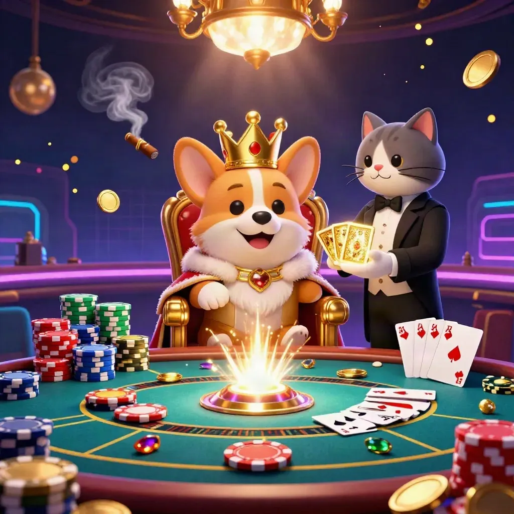 Crowned corgi and cat butler in a neon casino lounge with coins, gems, chips, and spinning wheels.