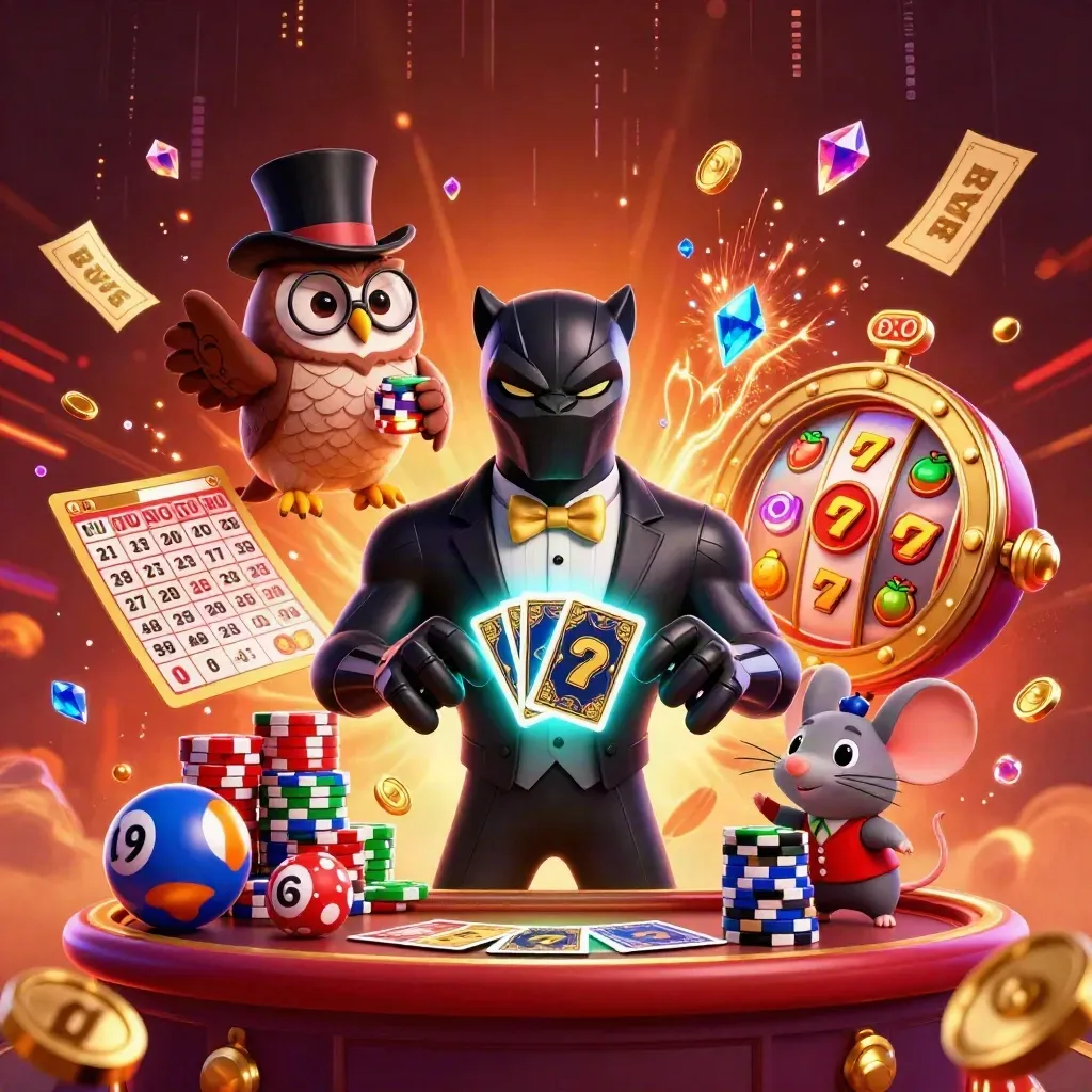 Panther, owl, and mouse in luxury casino action with chips, cards, balls, and glowing effects.
