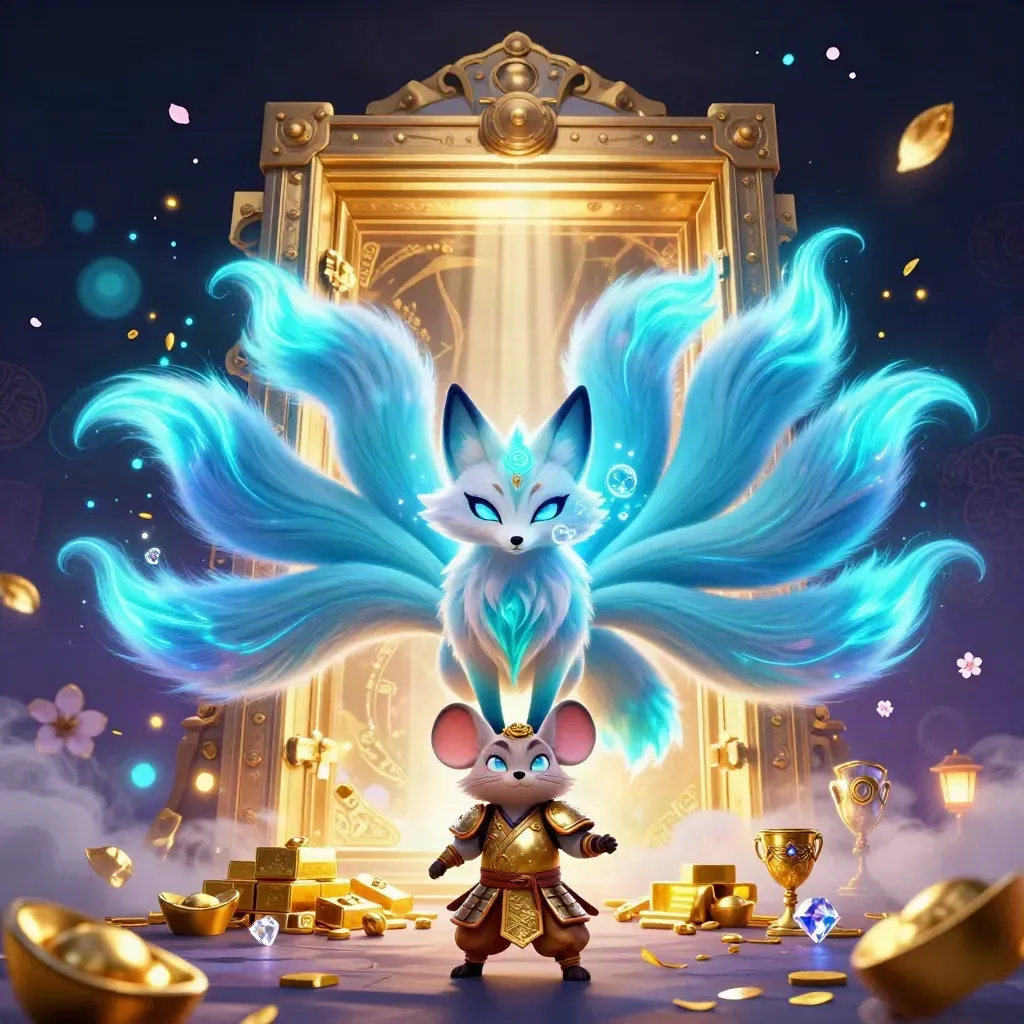Nine-tailed fox spirit and armored mouse burst from a glowing gold vault in cyan light