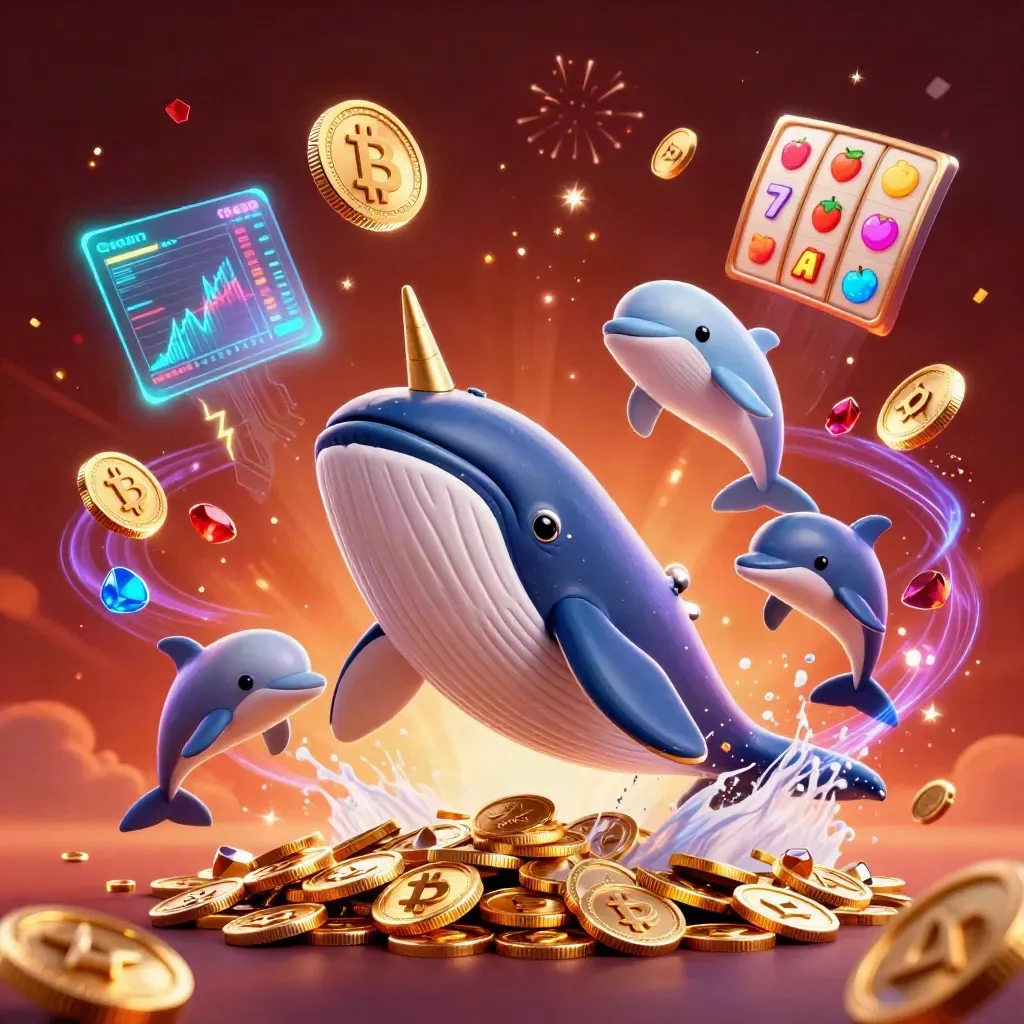 Whale captain, narwhal, and dolphins burst through coins with cyan crypto glow.