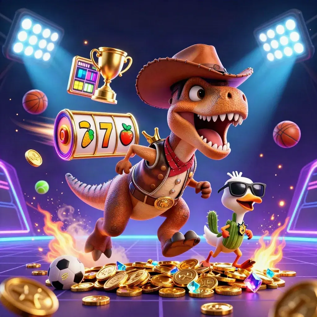 Cowboy T-Rex, cactus sidekick, and sheriff roadrunner amid coins, balls, trophy, and neon casino glow.