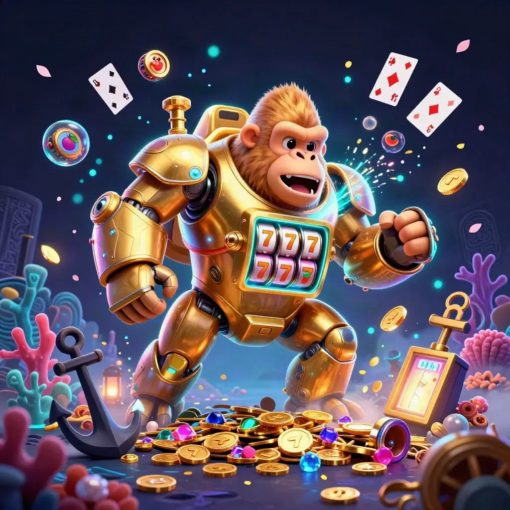 Golden gorilla slot-mech with monkey pilot blasting coins and gems in a glowing sunken cove.