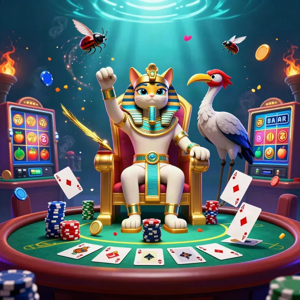 Pharaoh cat, ibis scribe, and scarab beetles amid casino cards, chips, and glowing underwater light