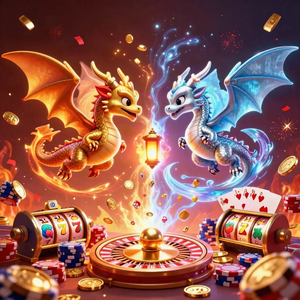 Gold and silver dragons spiral with coins, gems, roulette wheel, cards, chips, and slot reels.