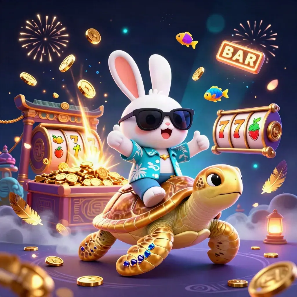 Lucky rabbit on a golden sea turtle amid coins, fireworks, temple gates, and glowing casino reels