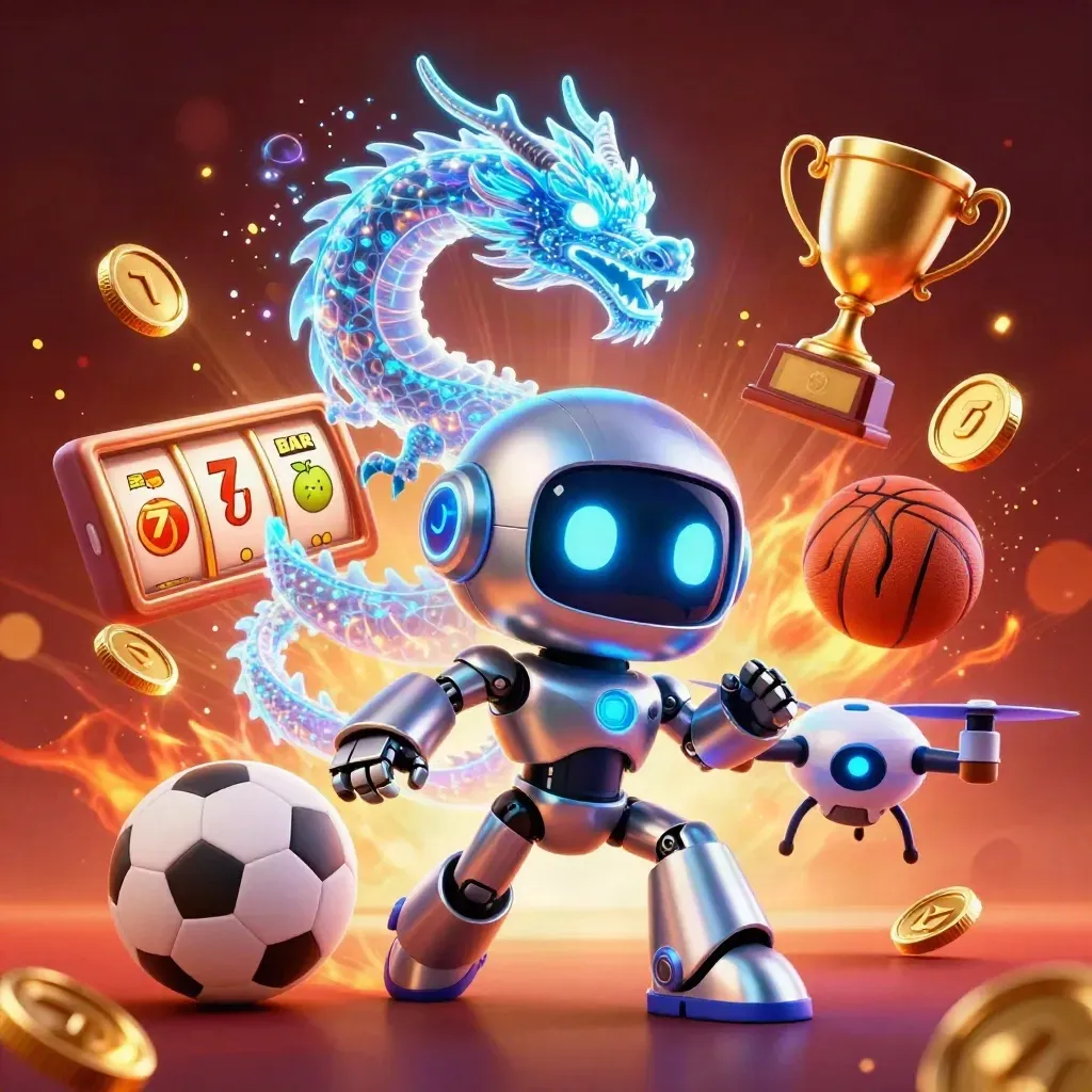 Cyberpunk robot, holographic dragon and coin drone amid jackpots, coins and sports balls.