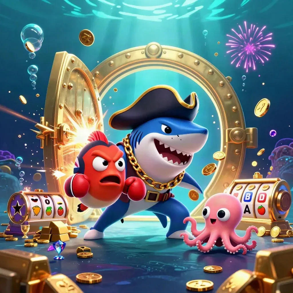 Pirate shark, pufferfish, and octopus amid vault gold, gems, reels, and underwater fireworks