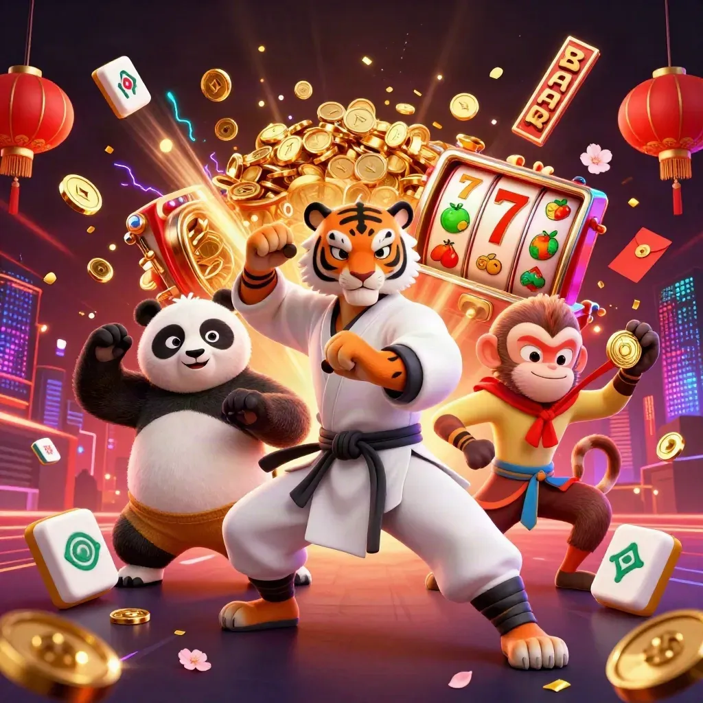 Tiger, panda, and monkey celebrate amid coins, fireworks, reels, and glowing casino treasure.