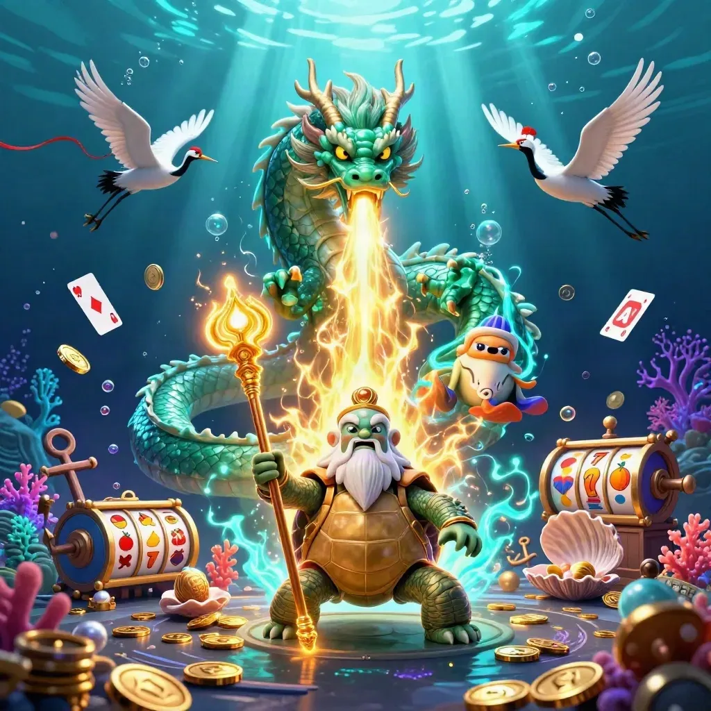 Emerald dragon, turtle sage, and cranes amid treasure cove casino loot under cyan-purple glow