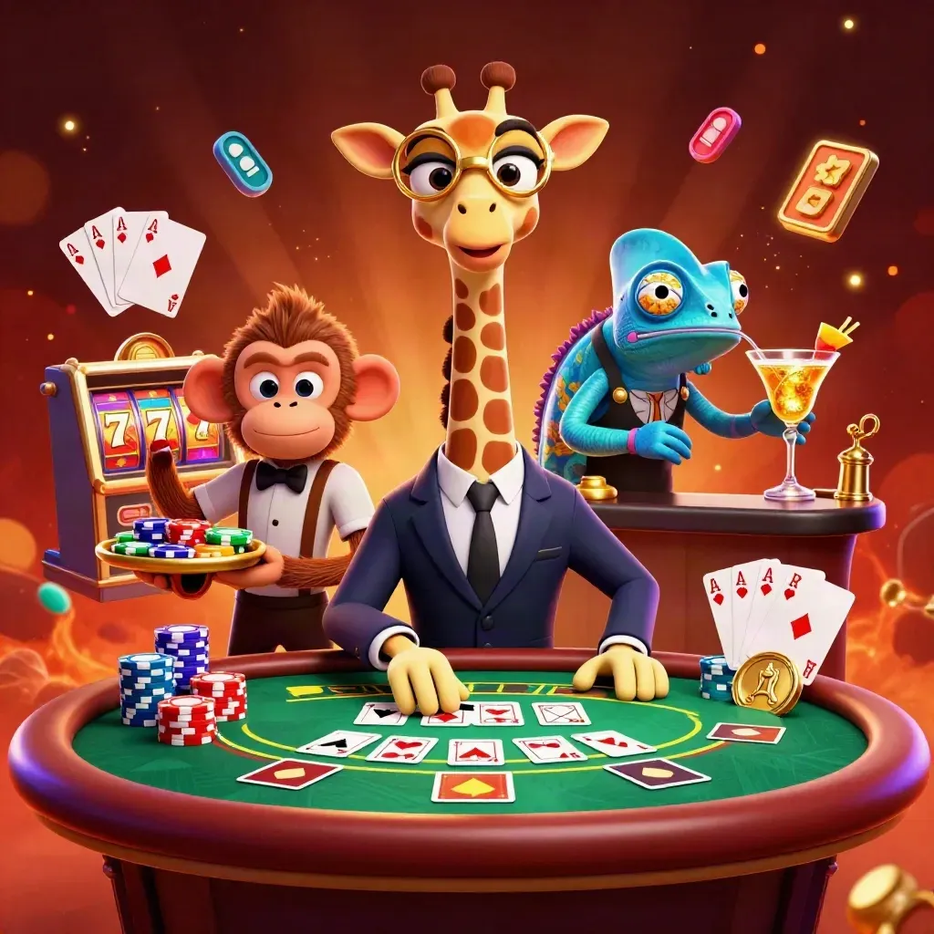 Giraffe high roller, monkey valet, and chameleon bartender amid chips, cards, reels, and gold glow.