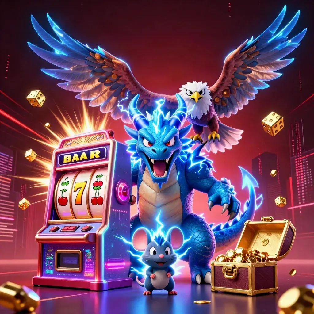 Thunder dragon, hawk and mouse blast from a slot machine amid neon casino glow