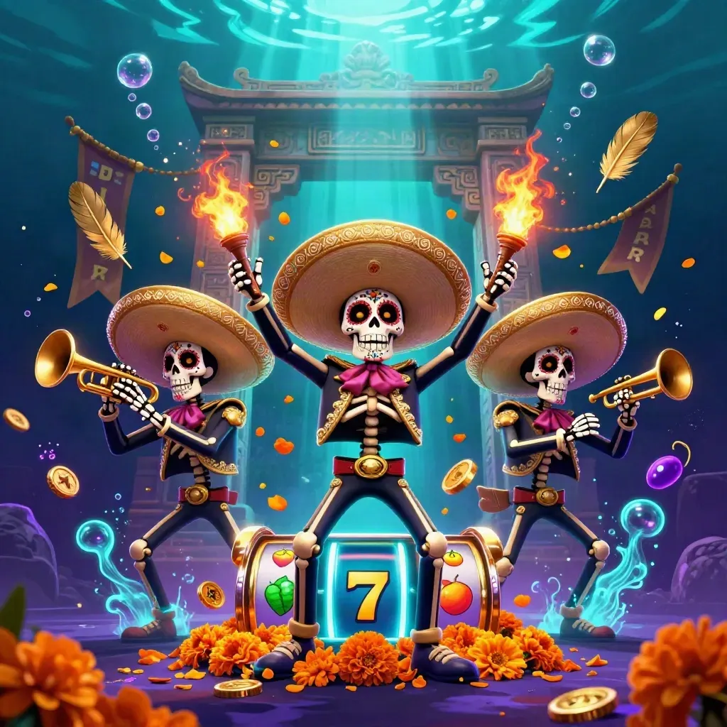 Three skeleton mariachi players amid coins, reels, bubbles, and glowing temple-ring chaos.