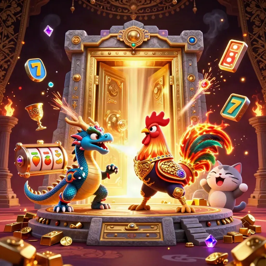 Rooster samurai, spark-breathing dragon hatchling and lucky cat amid casino gold and vault light