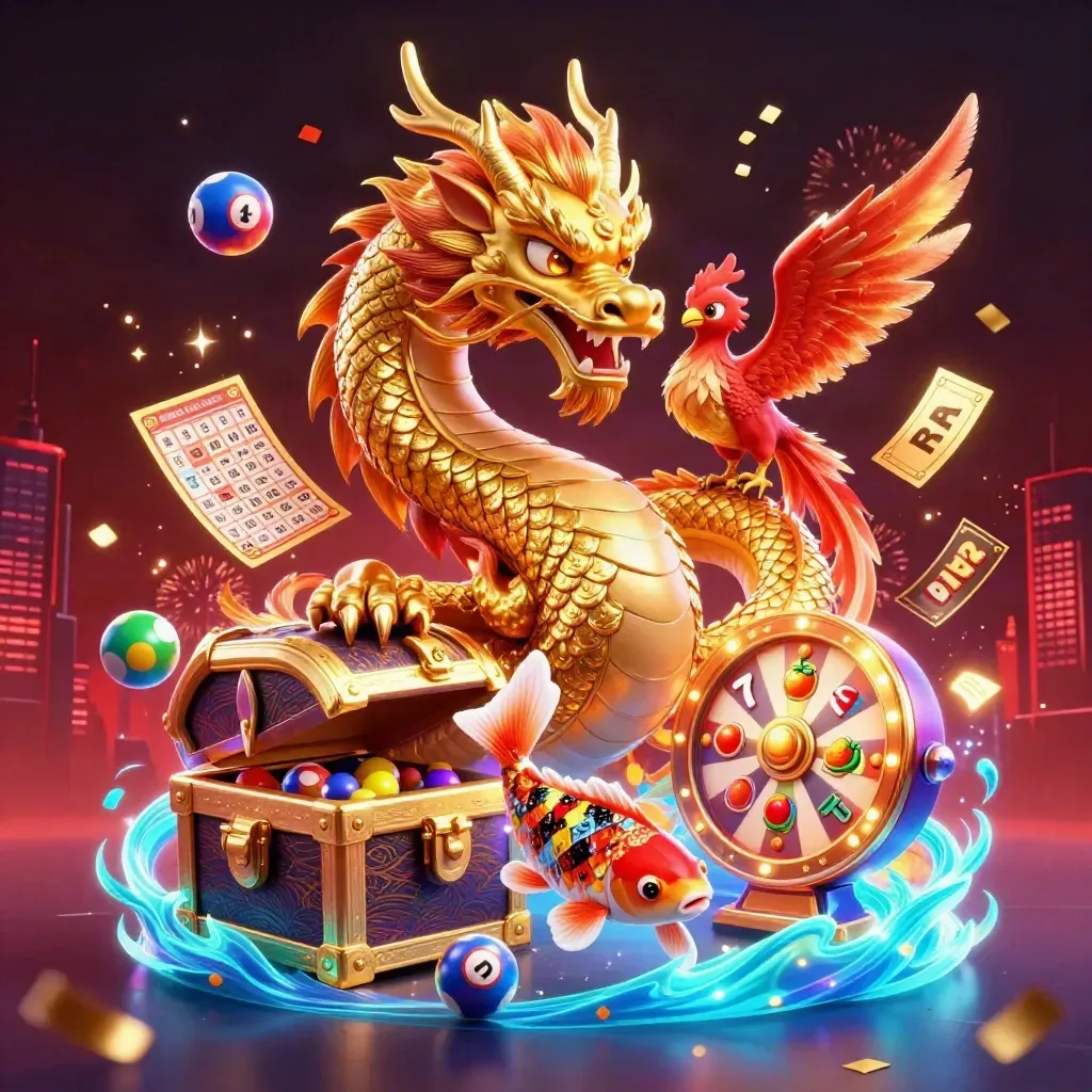 Golden dragon, phoenix, and koi amid casino reels, jackpot effects, and fiery red glow.