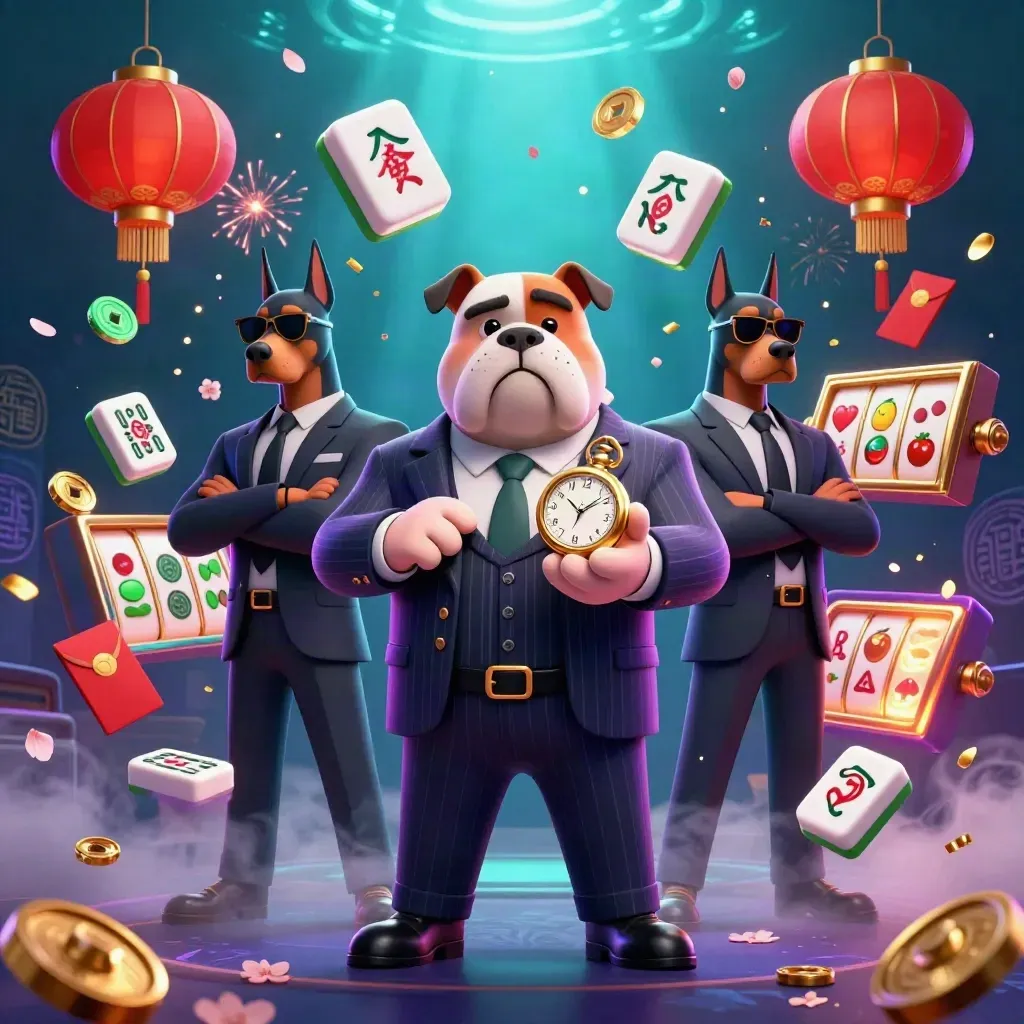 Bulldog mob boss and doberman guards amid casino symbols, gold sparks, and neon glow.