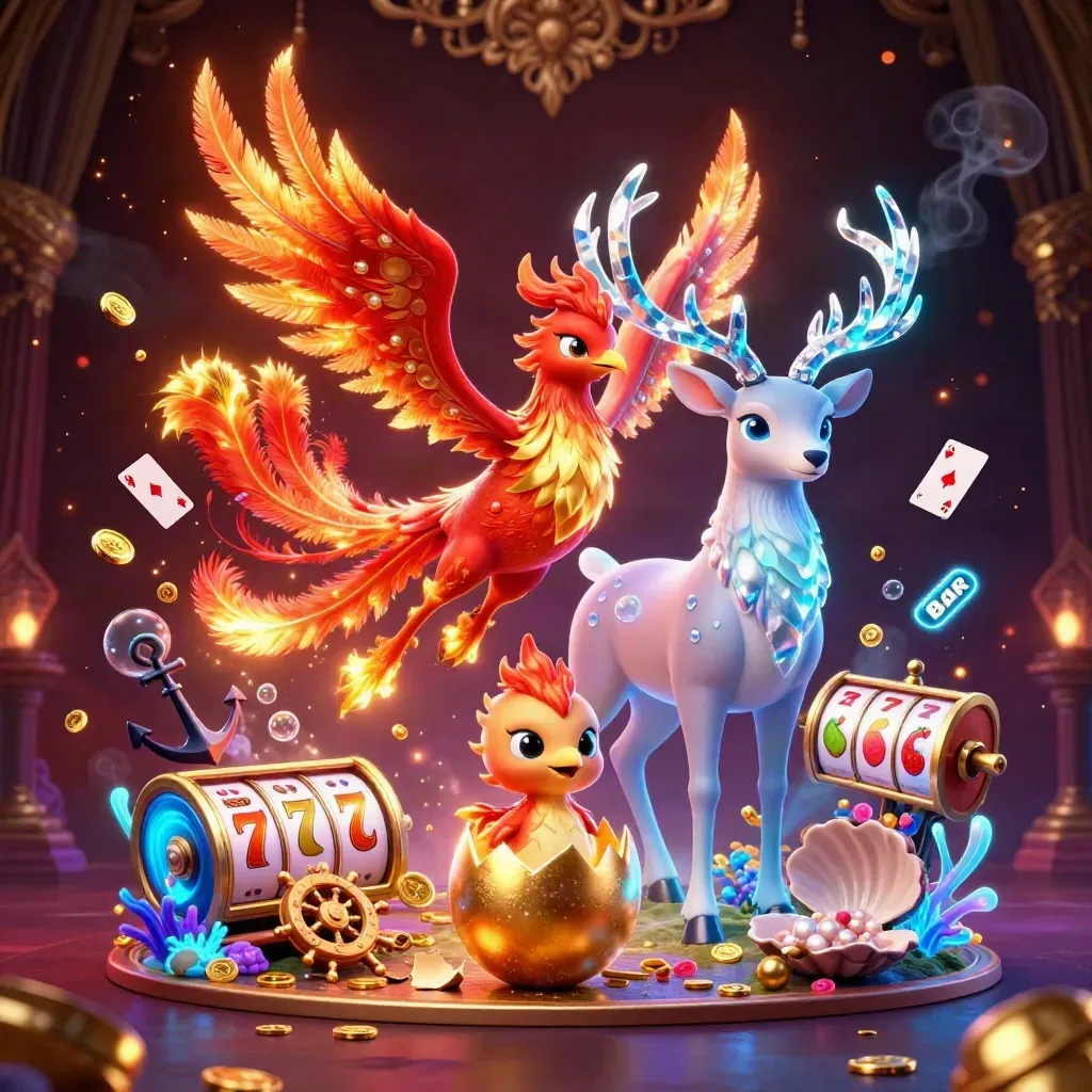 Phoenix, hatchling, and crystal stag amid coins, coral, reels, and casino glow.