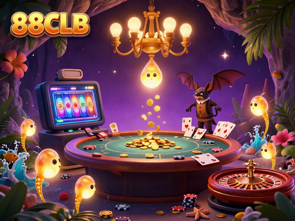 Experience the enchanting cave casino scene from 88CLB, filled with glowworms, games, and vibrant energy.