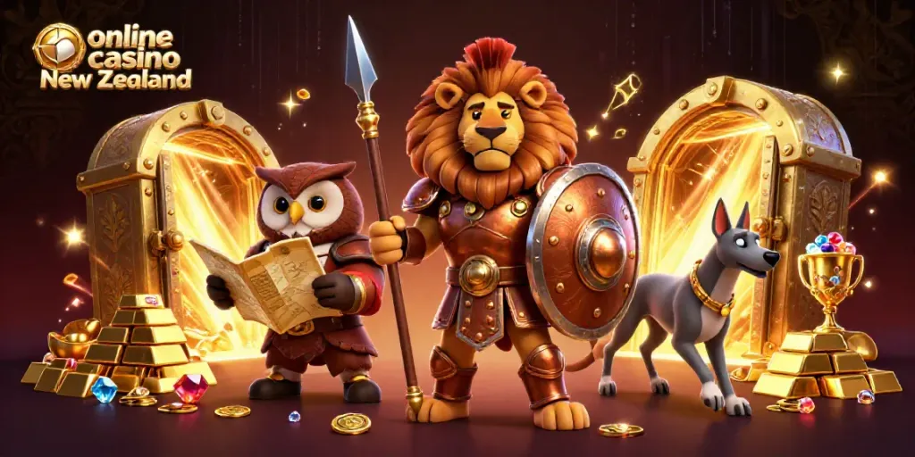 Engage with the thrilling world of online casino New Zealand in this dynamic 3D scene featuring a lion, owl, and greyhound.