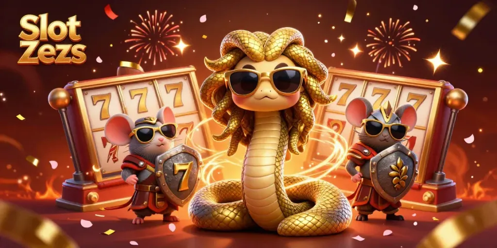 Putar Slot Zeus dengan ilustrasi Medusa dan mouse pejuang dalam suasana kasino yang meriah.