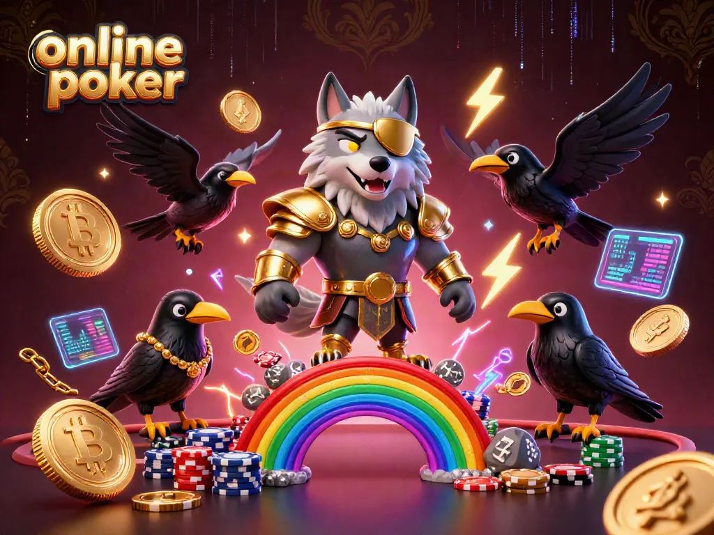 Engage in online poker with vibrant, detailed characters amid dynamic poker elements and glowing digital assets.
