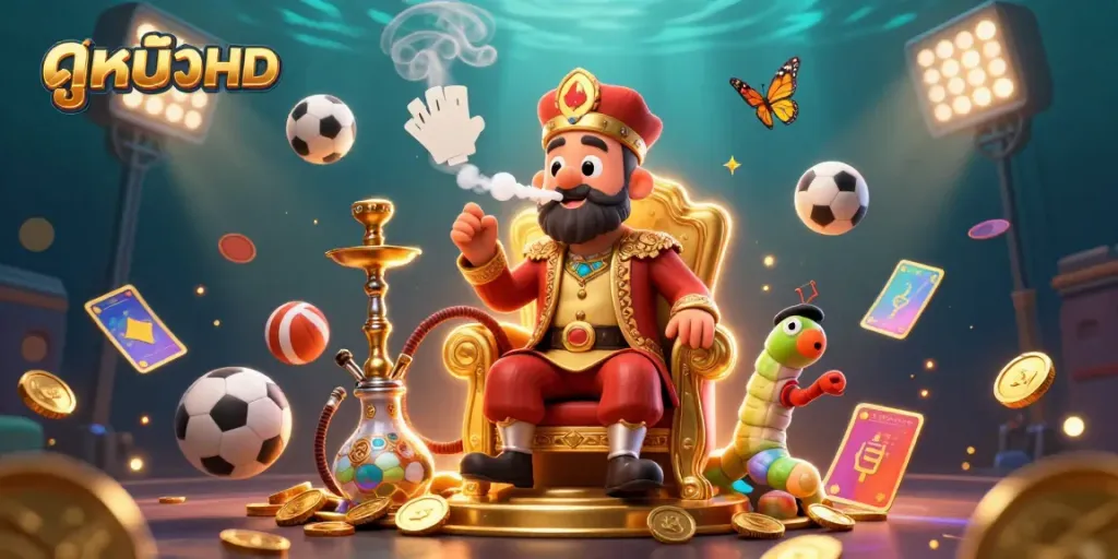 Engage with ดูหนังHD in this vibrant 3D casino-themed illustration featuring a hookah-master amidst dynamic sports elements.