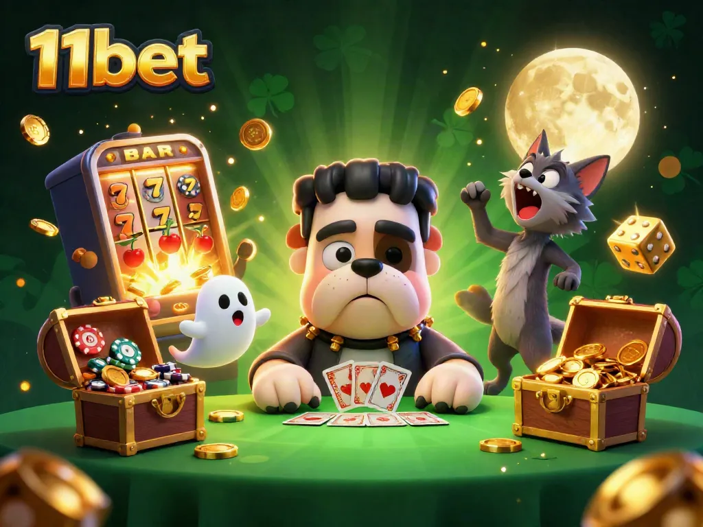Engage in gaming excitement with 11bet, where a Frankenstein bulldog deals cards at a lively casino scene.