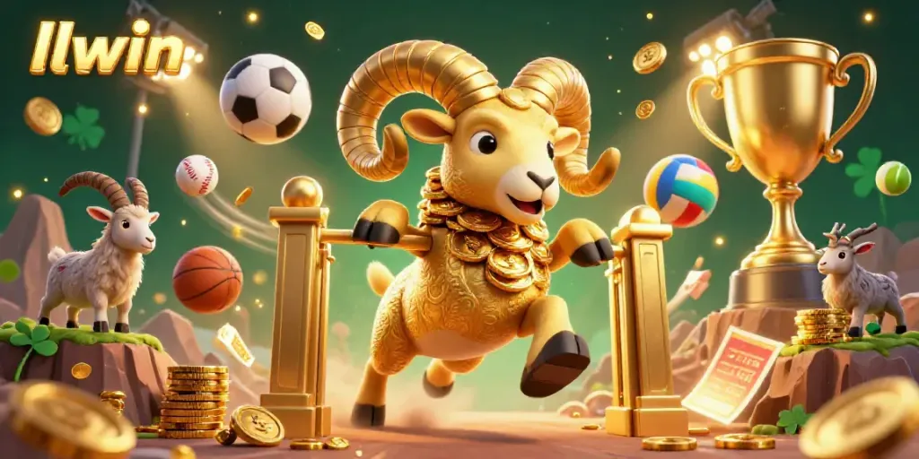 Experience llwin excitement with a golden ram charging through a casino scene with sports elements and glowing lights.