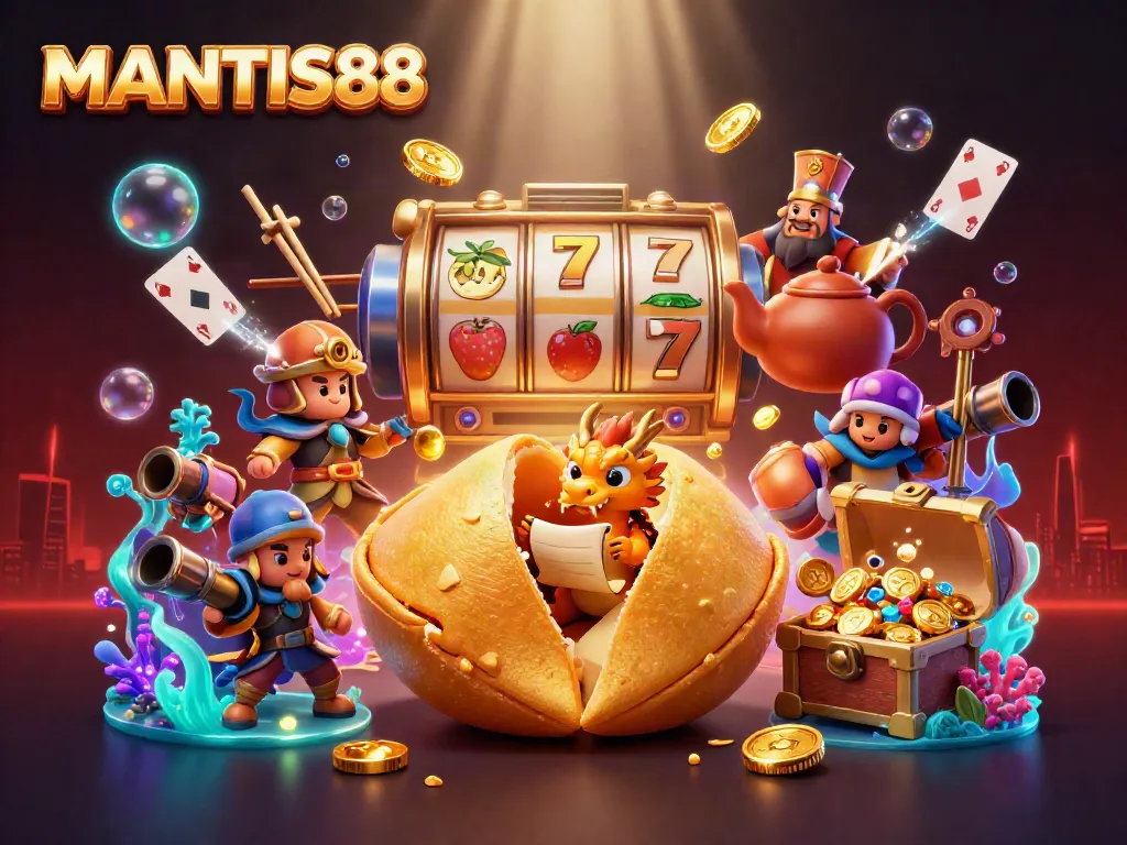 Engage in thrilling slot adventures with MANTIS88, showcasing a golden fortune cookie and dynamic characters.