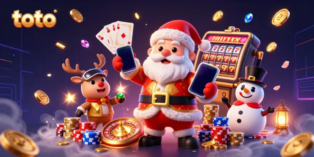 Toto-inspired festive casino scene featuring Santa Claus and friends celebrating a jackpot.