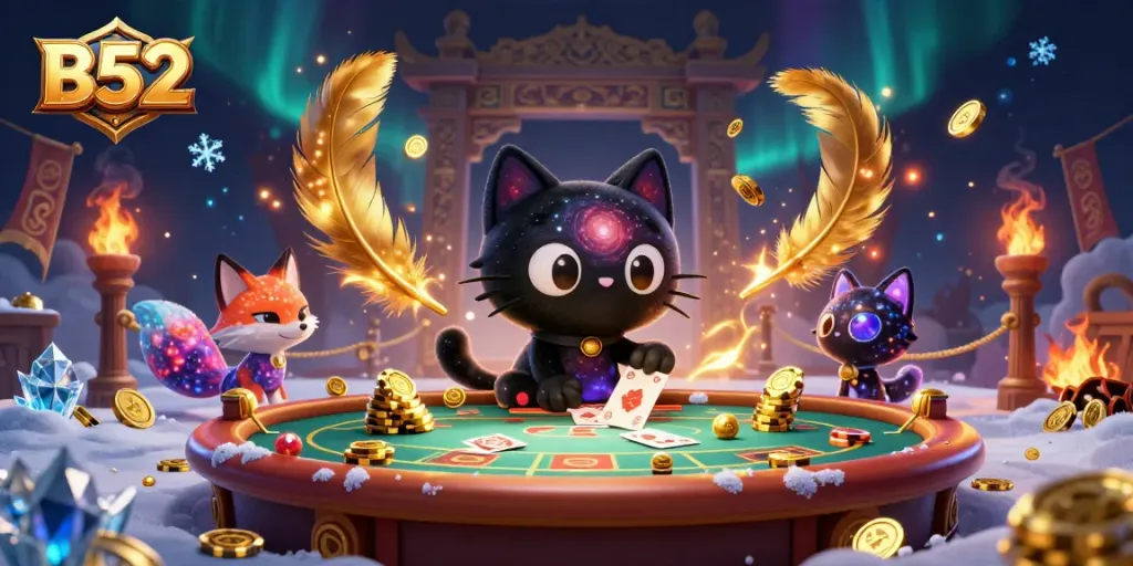 Experience B52's cosmic casino action with a captivating black hole cat and nebula fox.