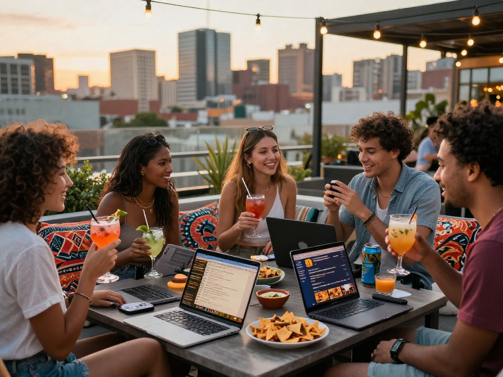 Engaging spicy chat among friends at a vibrant rooftop lounge.
