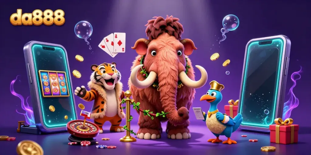 Experience the vibrant casino scene with da888 featuring cartoon characters and exciting game elements.