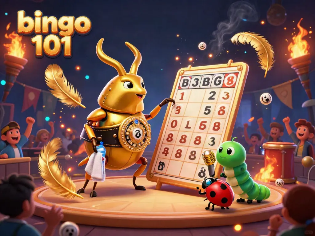 Engage in bingo 101 excitement with a dynamic 3D illustration showcasing bingo cards, characters, and vibrant action.