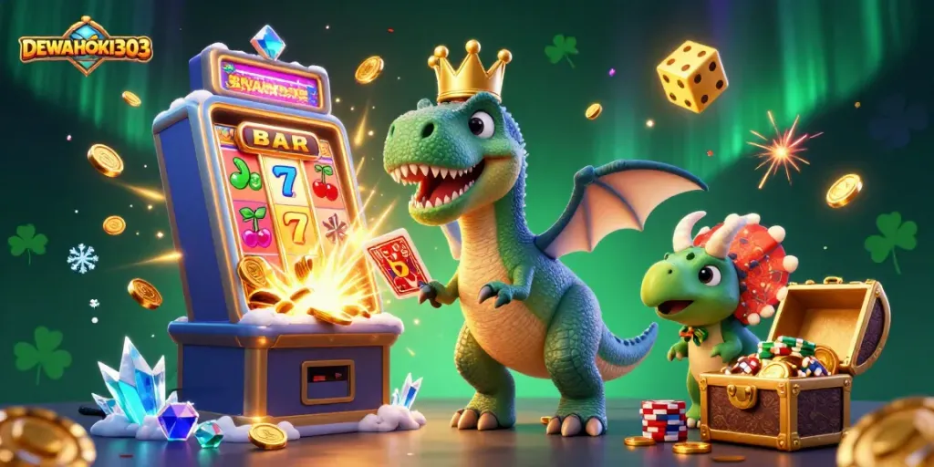 DEWAHOKI303 menawarkan pengalaman slot online yang menarik dengan karakter kartun dan mesin slot emas.