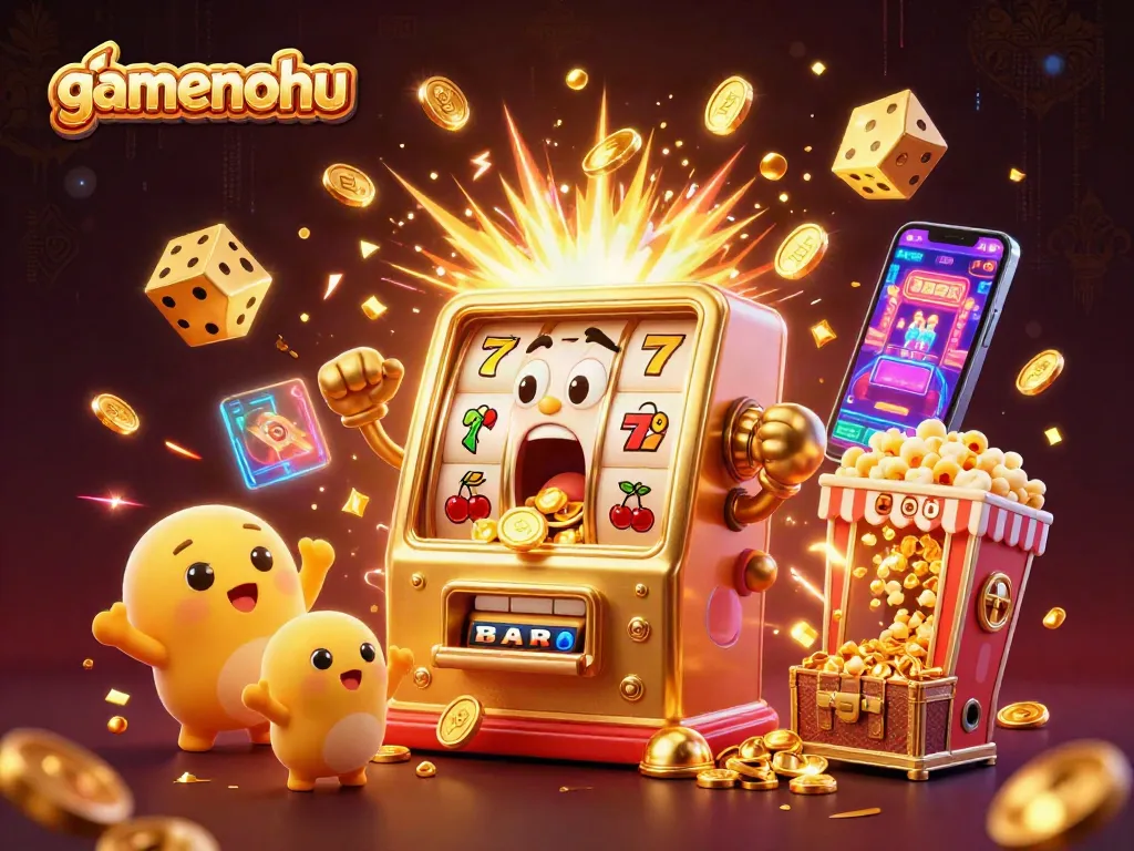 Experience gamenohu's thrilling jackpot moment with a lively slot machine scene bursting with excitement.