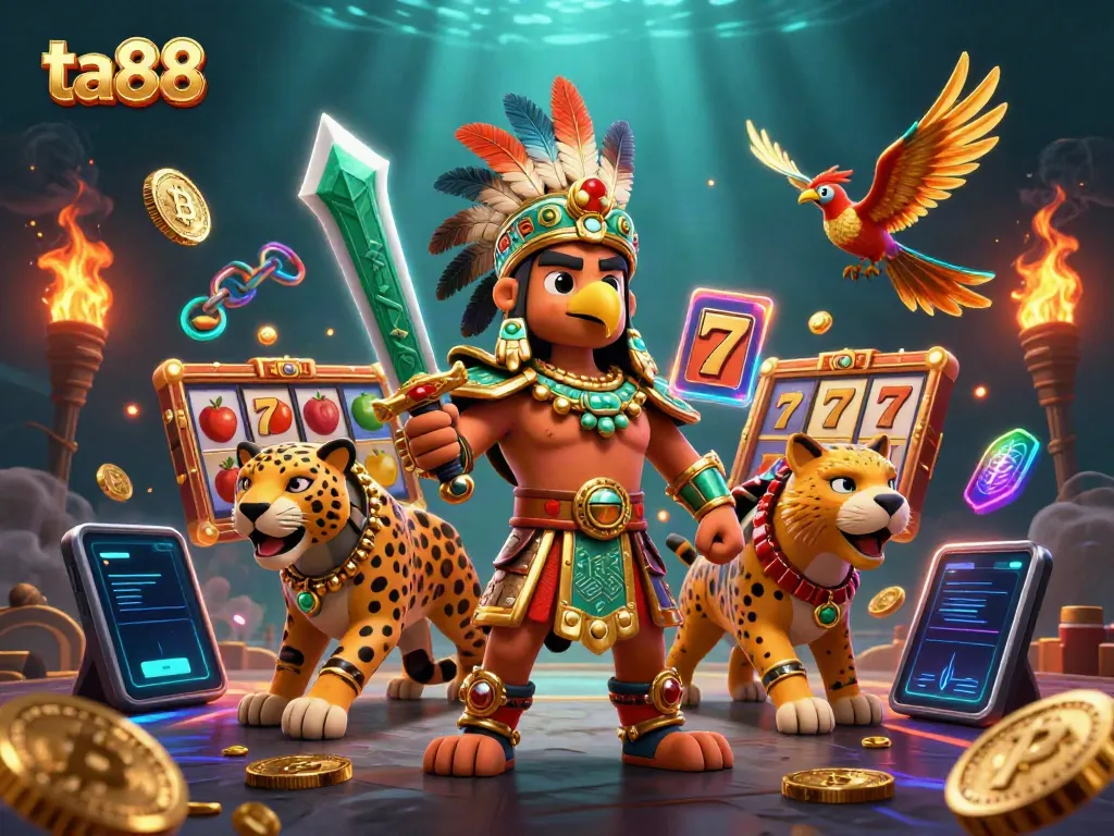 Experience thrilling gameplay at ta88 with vibrant Aztec warriors and glowing cryptocurrency.
