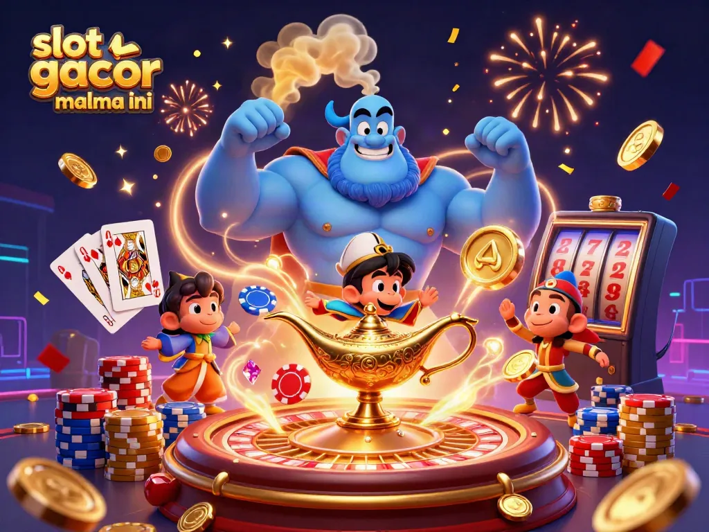 The whimsical scene of "slot gacor malma ini" features a genie and a monkey on a magic carpet, with dynamic casino elements.
