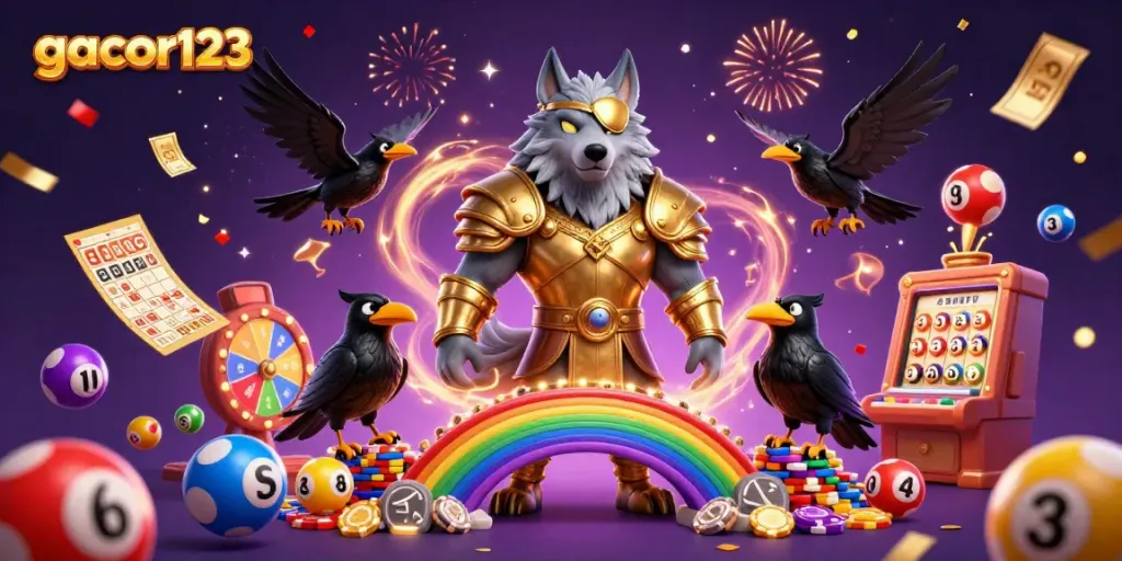 Experience excitement at gacor123 with Odin and ravens amidst dynamic casino themes and colorful elements.